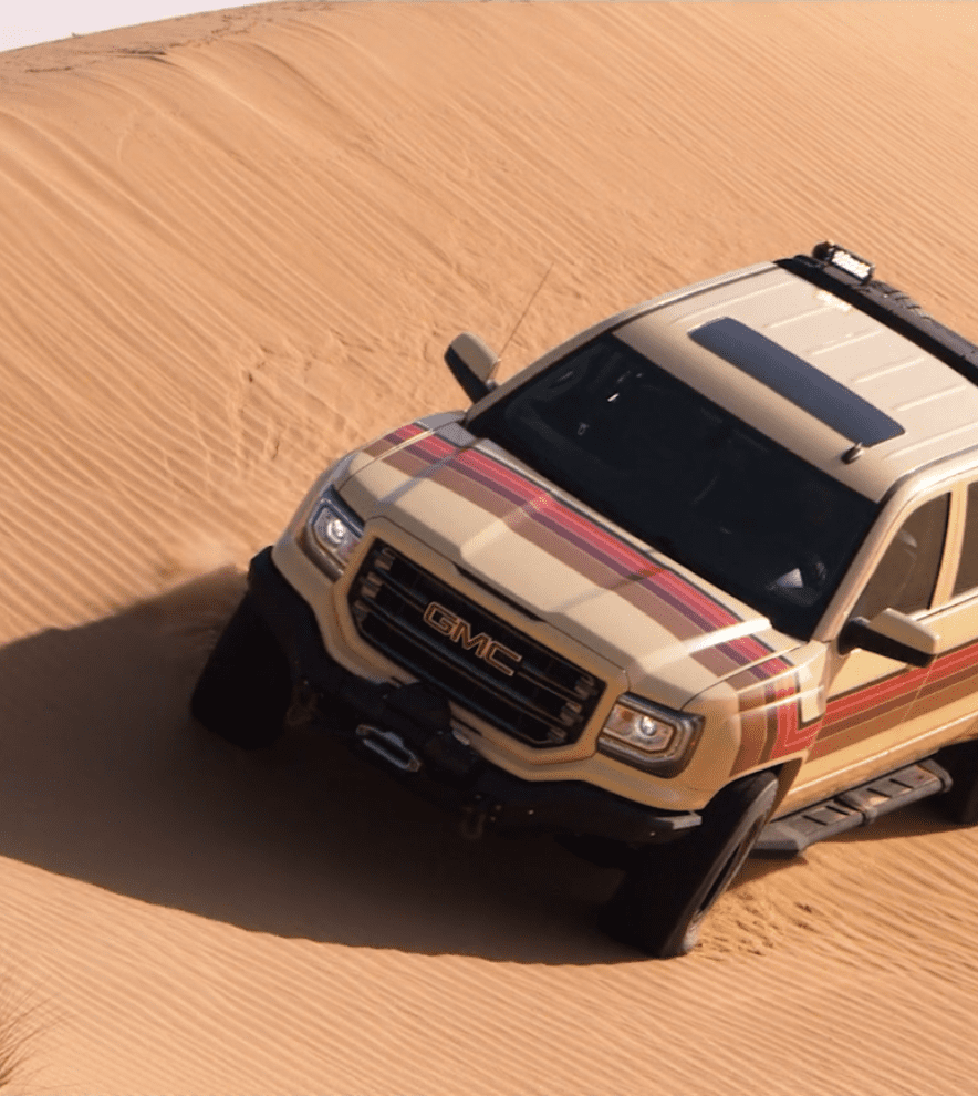 Vehicle in desert landscape, cinematic still